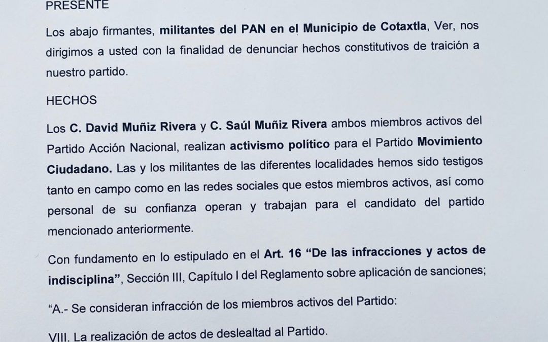 Denuncian panistas de Cotaxtla que alcalde del mismo partido apoya a candidato de MC