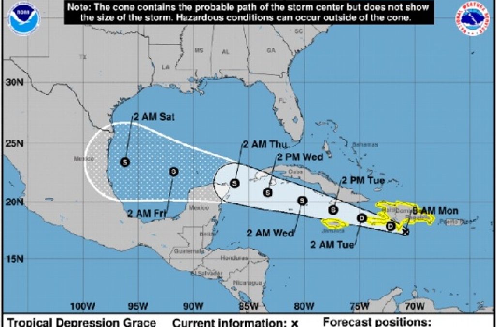 la depresión tropical Grace podría ser ya de riesgo de ahí internarse  al Golfo de México.