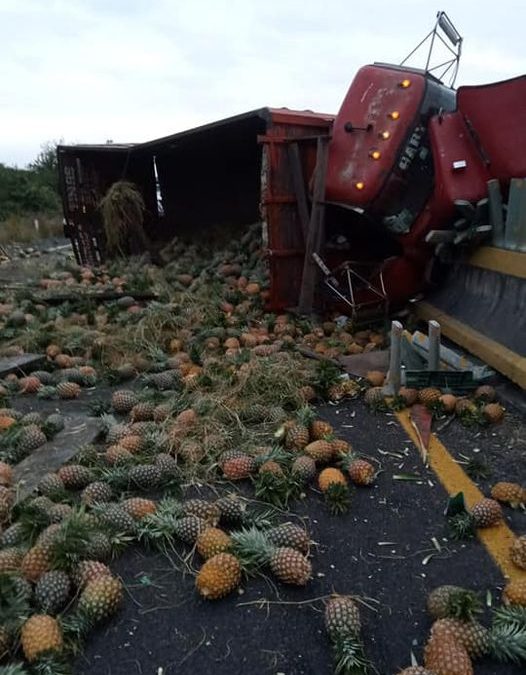 VUELCA TRAILER CARGADO DE PIÑA EN AUTOPISTA TINAJAS-ISLA