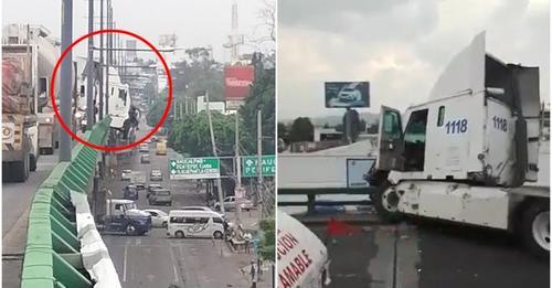 TRAILER CHOCA Y QUEDA COLGANDO EN PUENTE DE TLALNEPANTLA