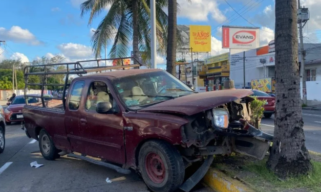 Destroza la parte frontal de su camioneta al chocarse con una palmera en Veracruz