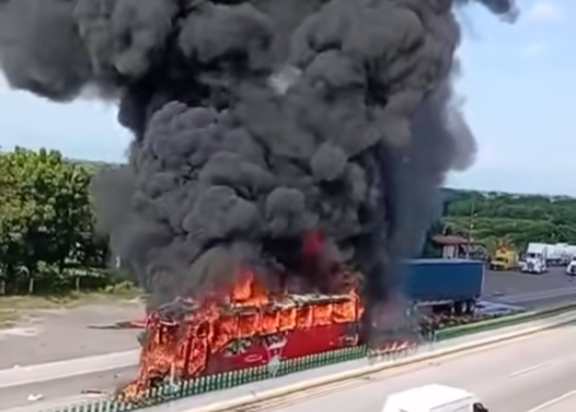 Aparatoso accidente en la autopista Córdoba–Veracruz: tráiler y autobús ADO se incendian